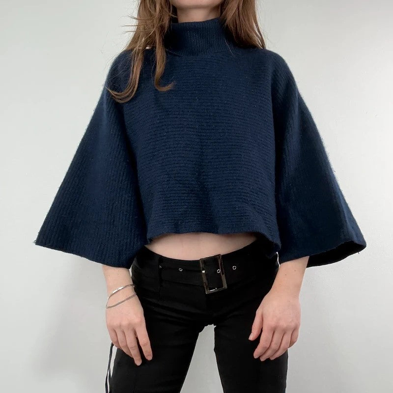 blue wool ribbed cape batwing jumper