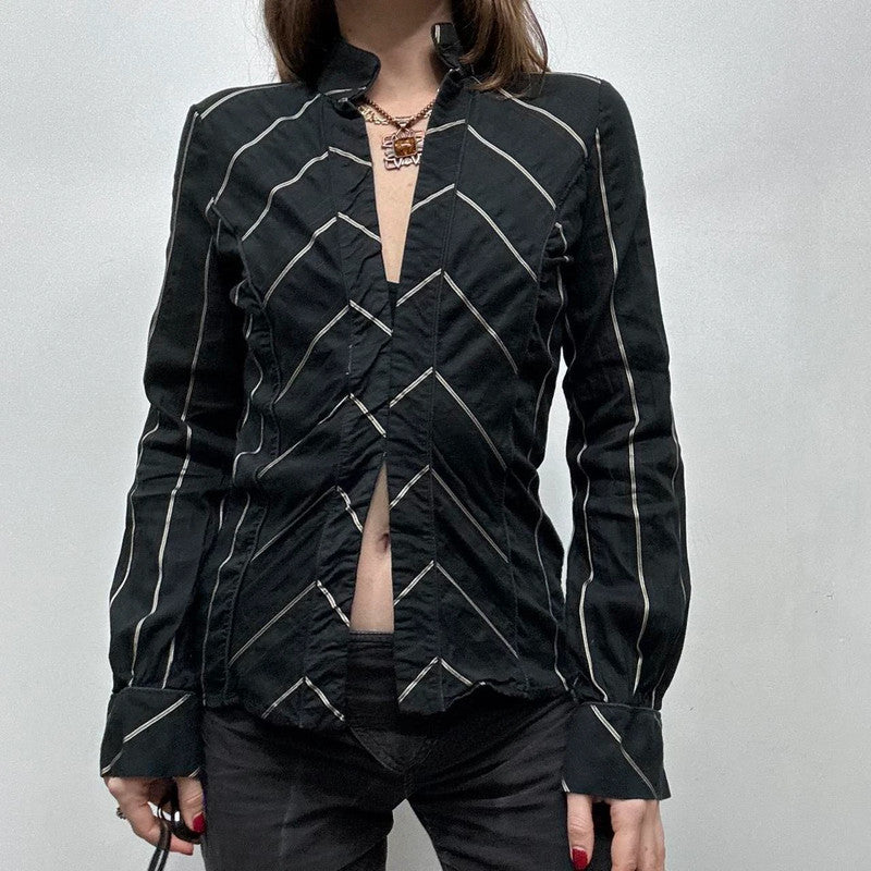 black flared pinstripe office shirt