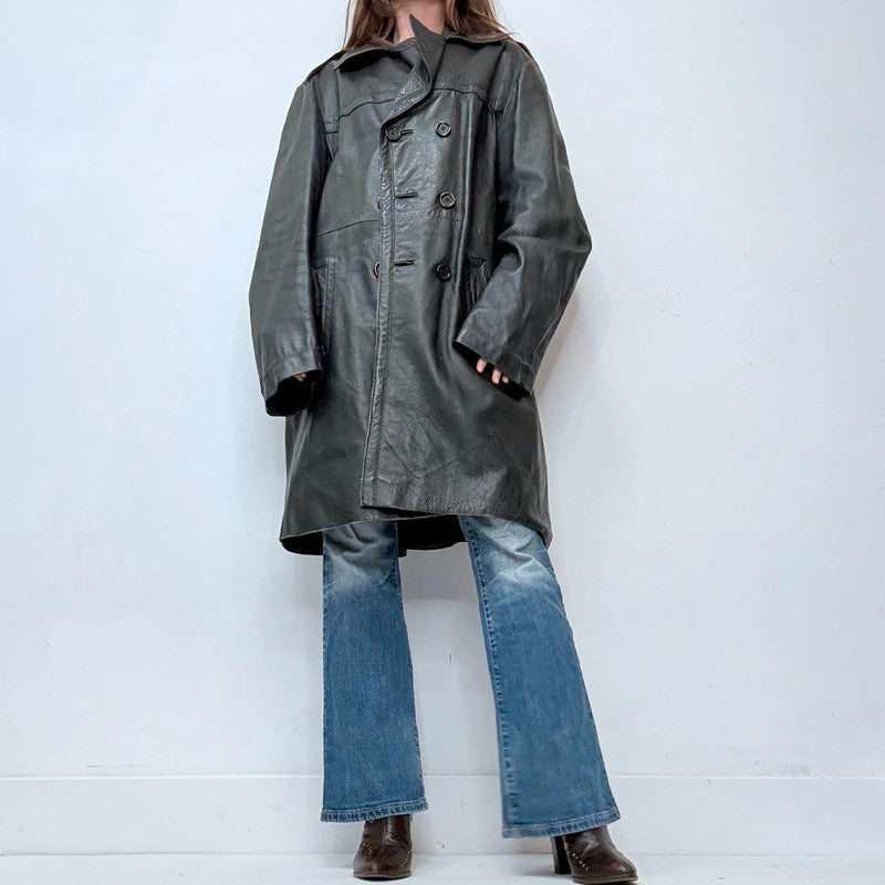 oversized black leather grunge trench coat