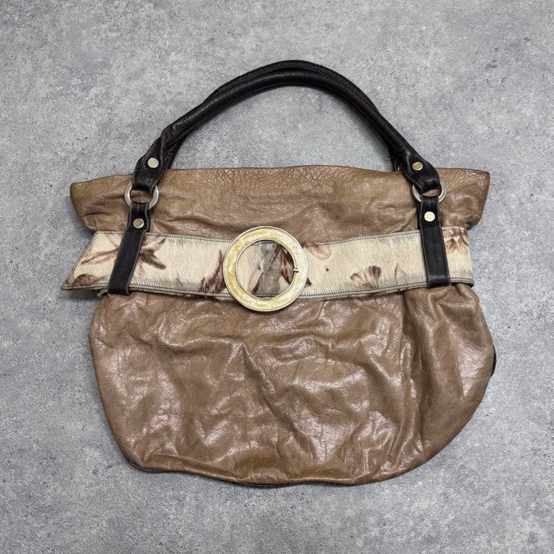 tan leather buckle cowhide shoulder bag