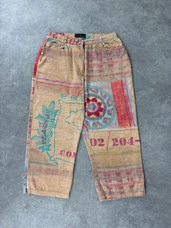 Printed abstract summer textured capri trousers