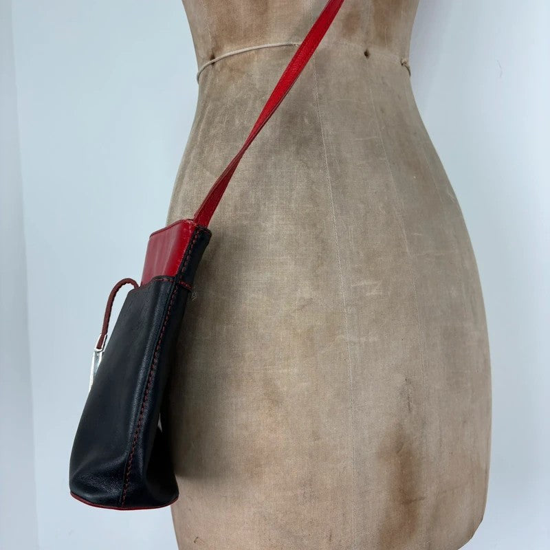 Black and red leather patient mini messenger bag