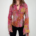 pink and brown floral printed flared shirt
