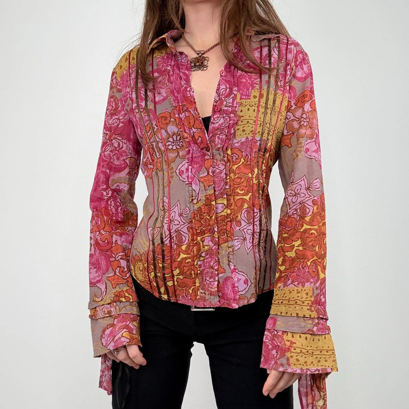 pink and brown floral printed flared shirt