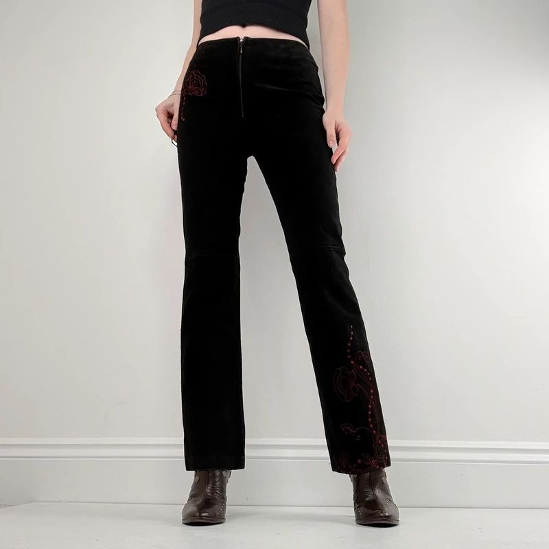 black suede embroidery flared trousers