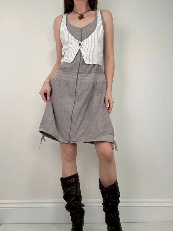 Grey pinstriped layered waistcoat dress