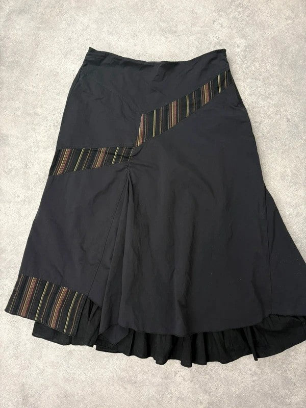 Black flared pleated pinstriped layered maxi skirt