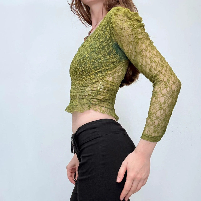 green lace cropped blouse top