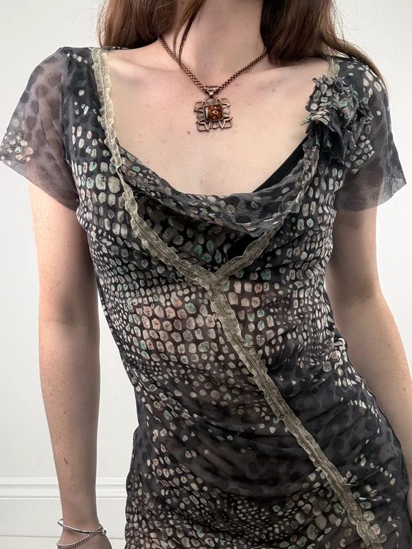 slouchy grey polkadot snake cowl neck draped mini dress