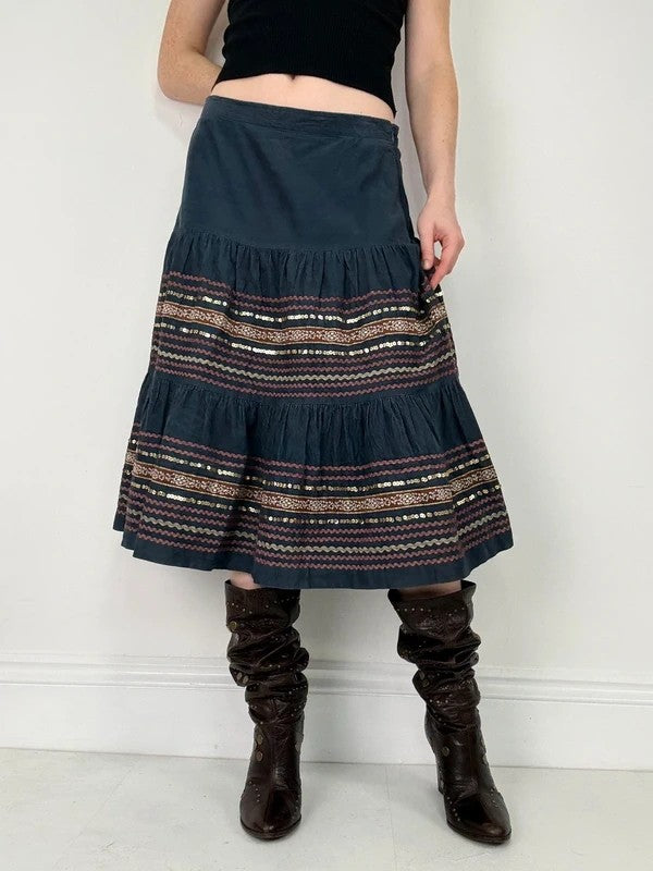 boho cord flared embroidered tiered sequin midi skirt