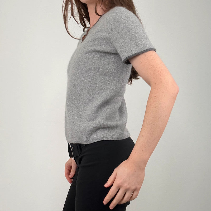 grey soft cashmere knitted short sleeve t-shirt