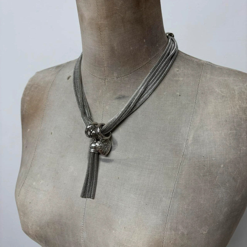 layered chunky silver chain tassle necklace