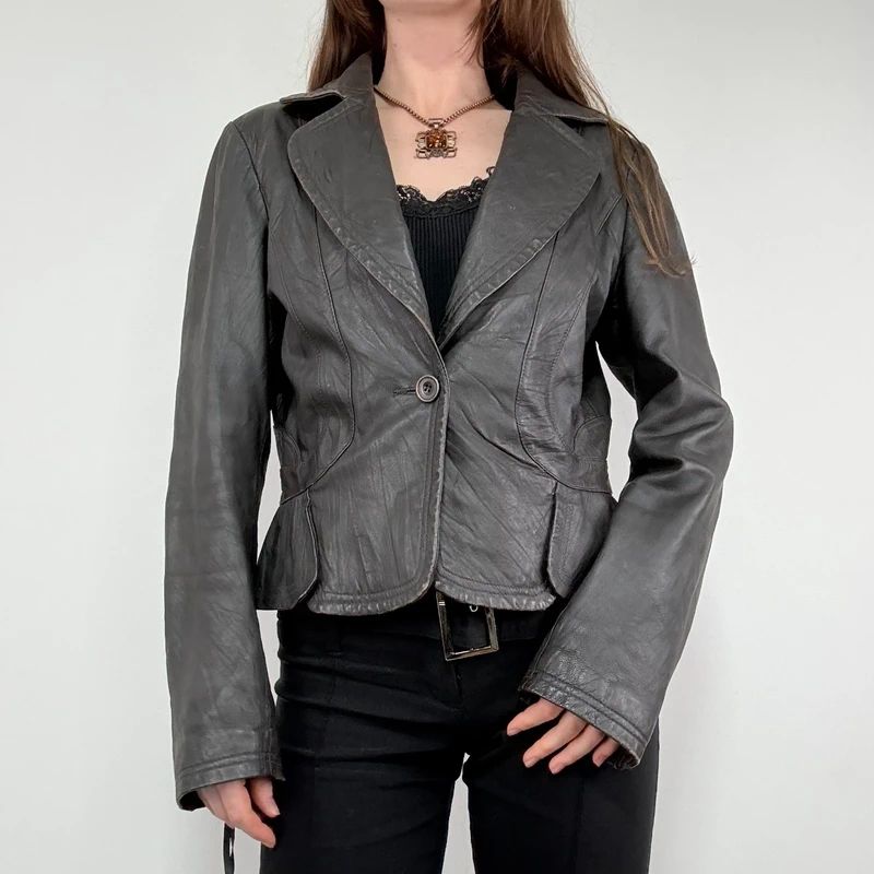 cropped dark brown leather jacket
