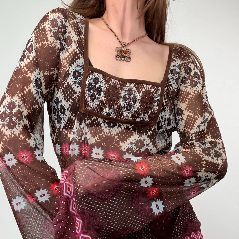 graphic printed boho western flared mesh shirt