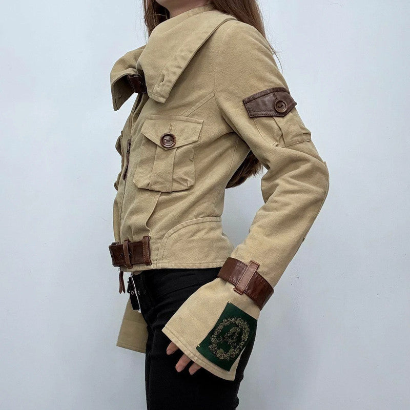 buckle belted flared cargo jacket