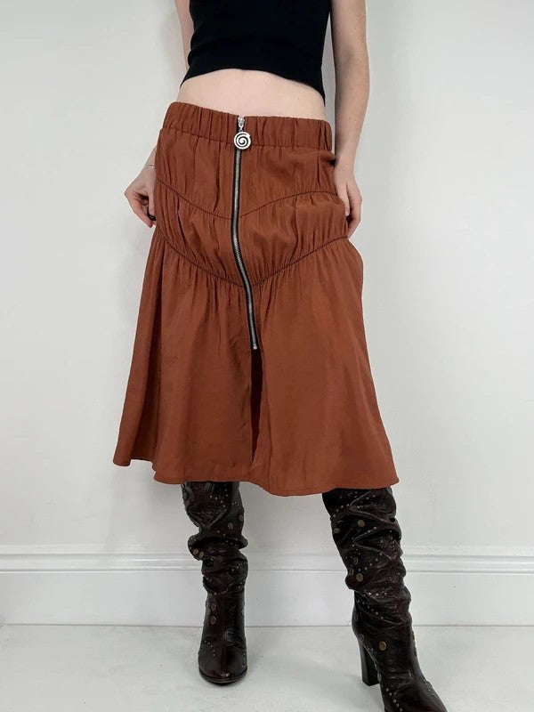 Cop Copine gathered ruched orange midi skirt