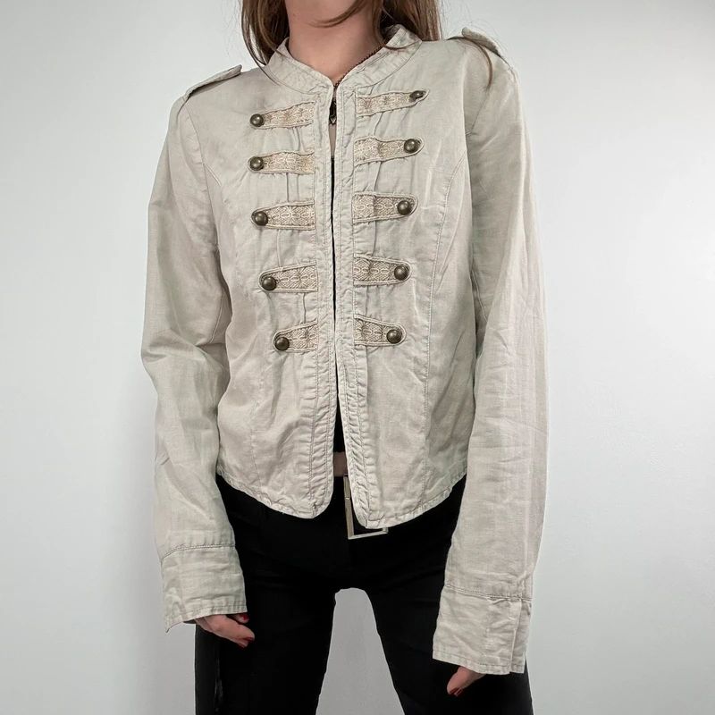 cotton khaki distressed button military jacket