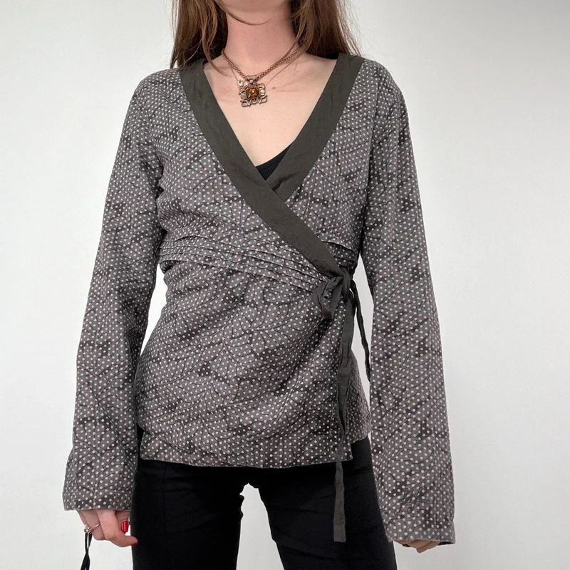 brown polkadot wrap shirt