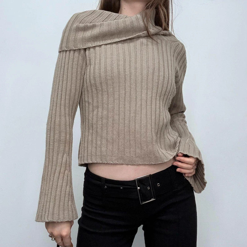 tan ribbed flared fold-over neck jumper