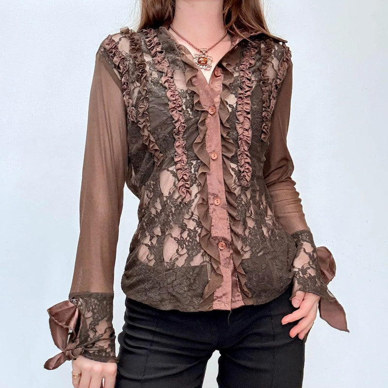brown lace sheer grunge shirt