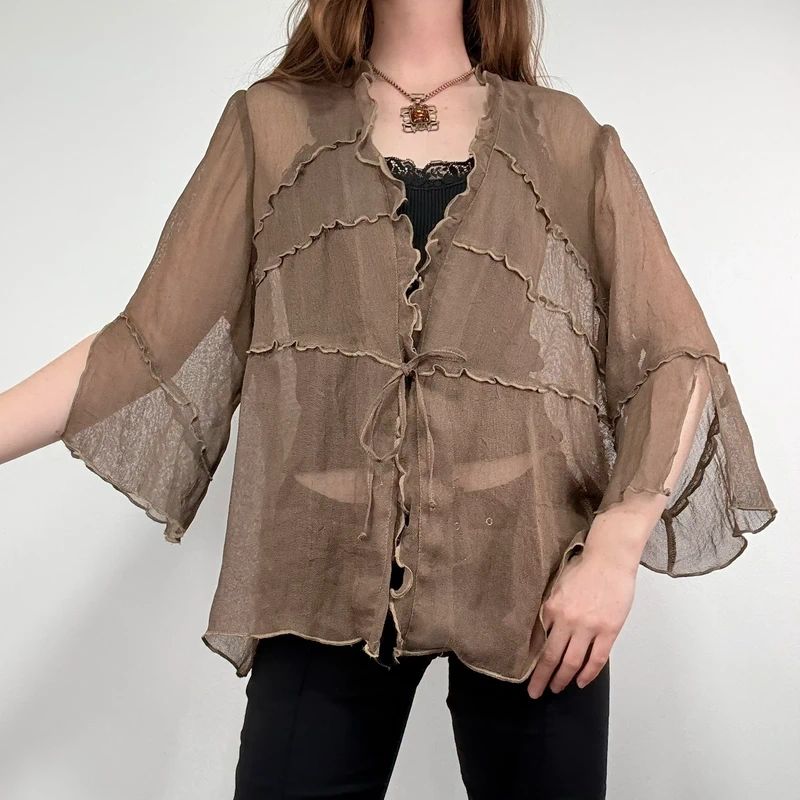 brown ruffle mesh slouchy flare shirt