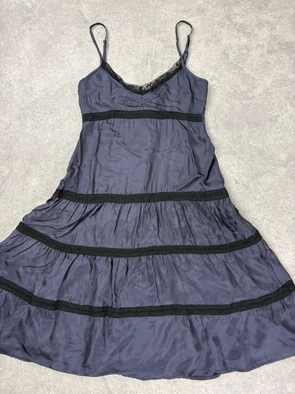 navy and lack lace flared tiered midi dress