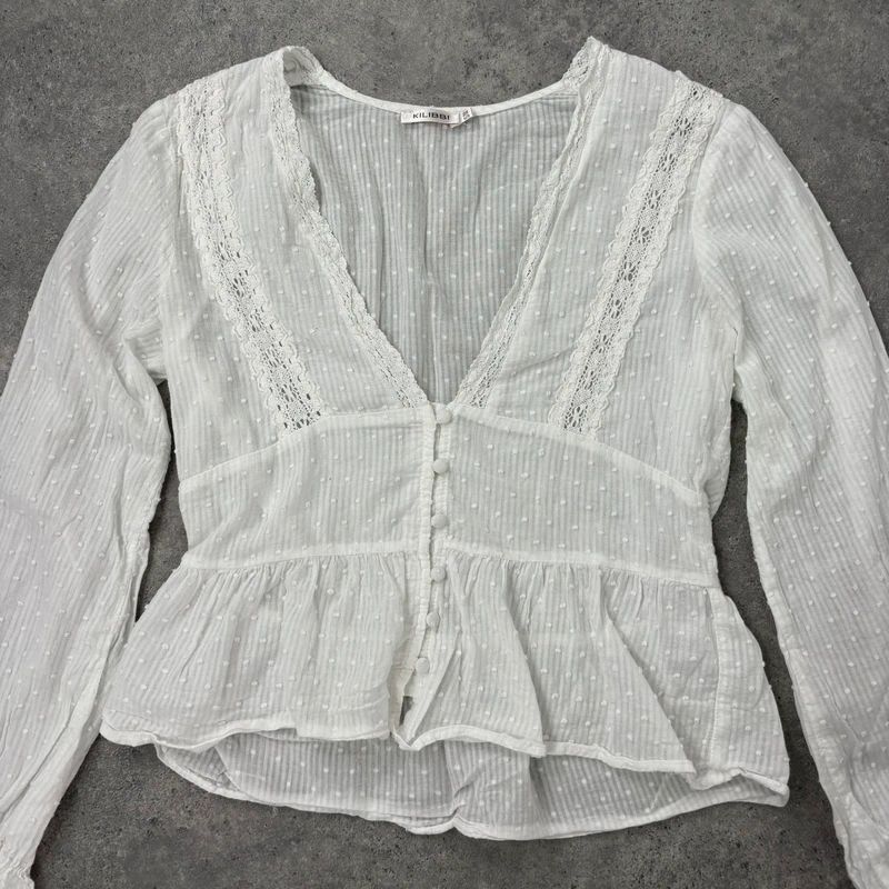 white cotton flared embroidered lace blouse
