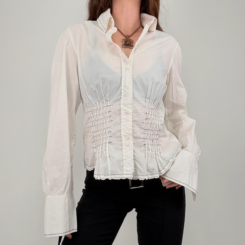 white cinched pleated flared shirt