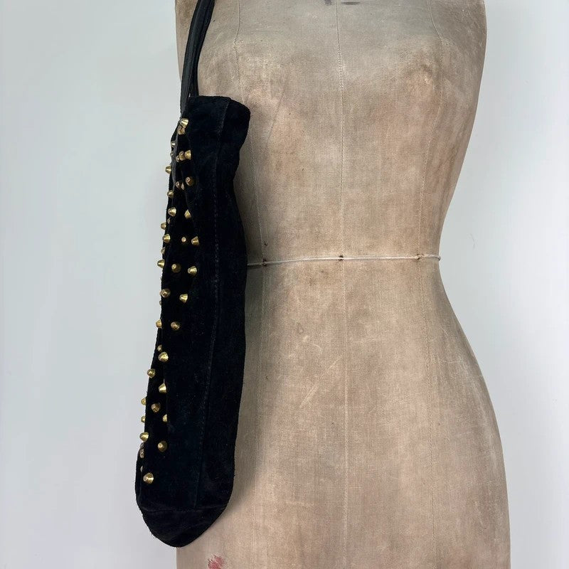 Black suede tote bag with gold studded spikes