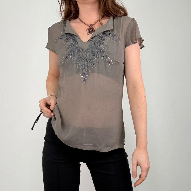 grey sheer beaded flutter shirt