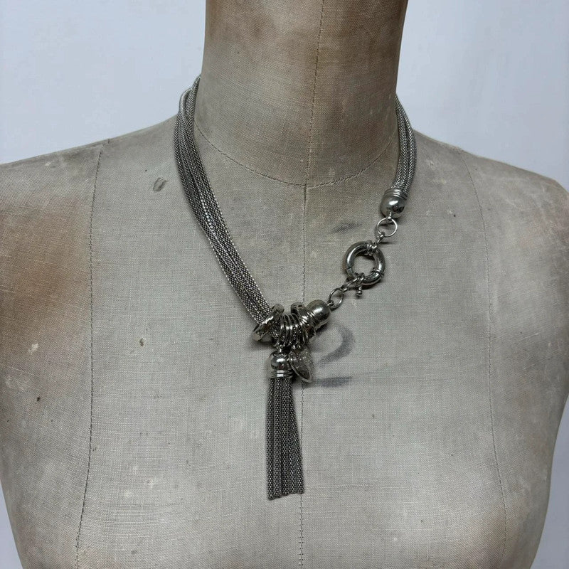 layered chunky silver chain tassle necklace