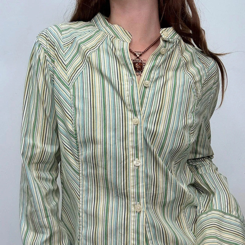 green pinstriped high neck button shirt