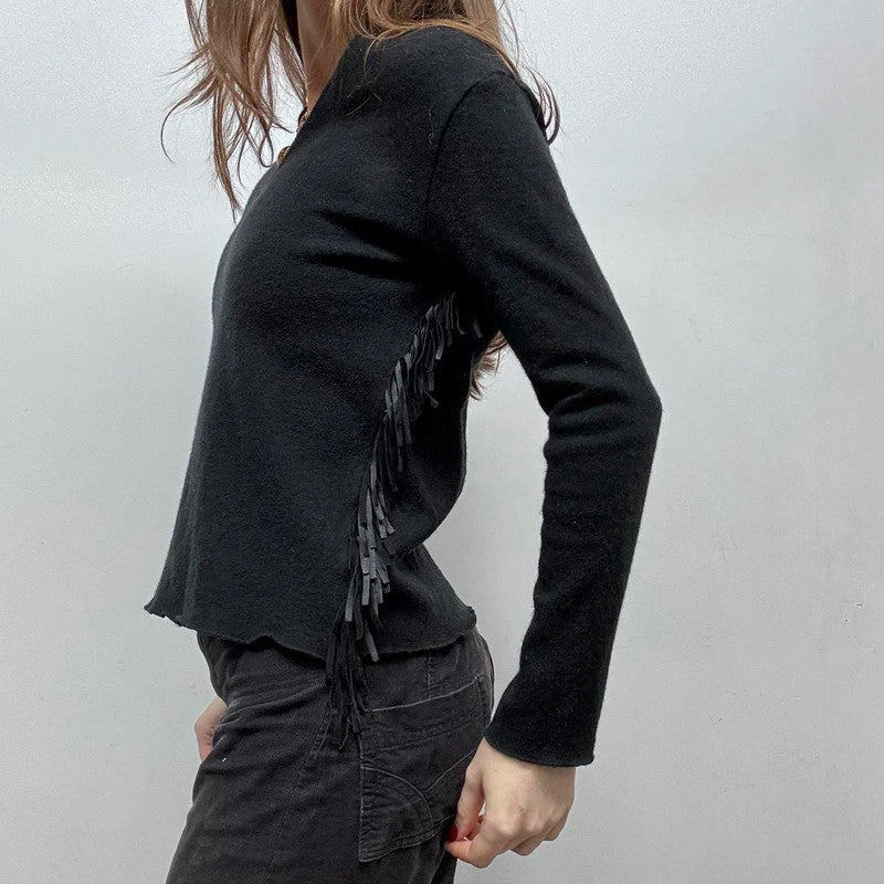 black wool knit fitted tassel jumper