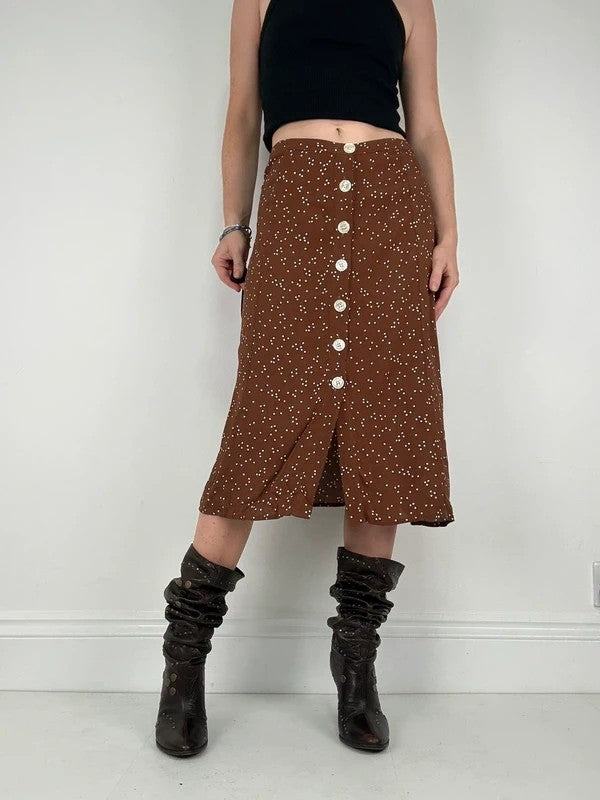 Brown polkadot button Rouje midi skirt