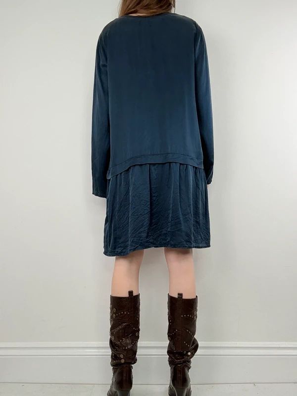 navy silk drop waist long sleeve shirt dress