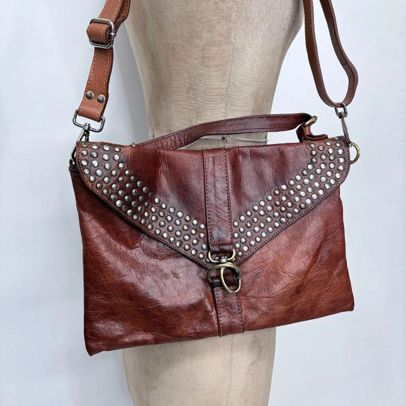 tan leather studded boho bag