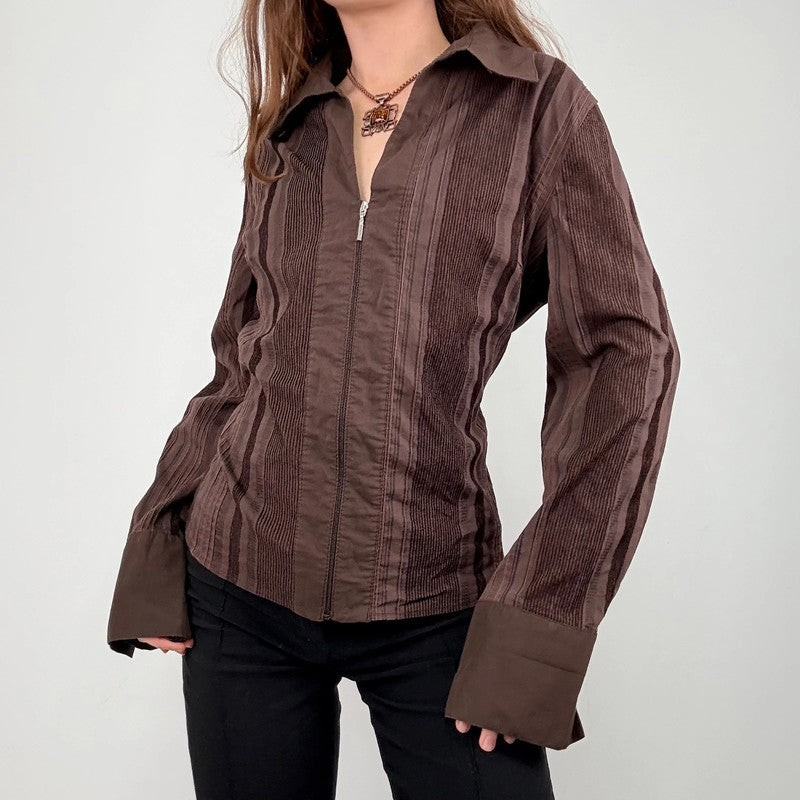brown pinstripe zip shirt