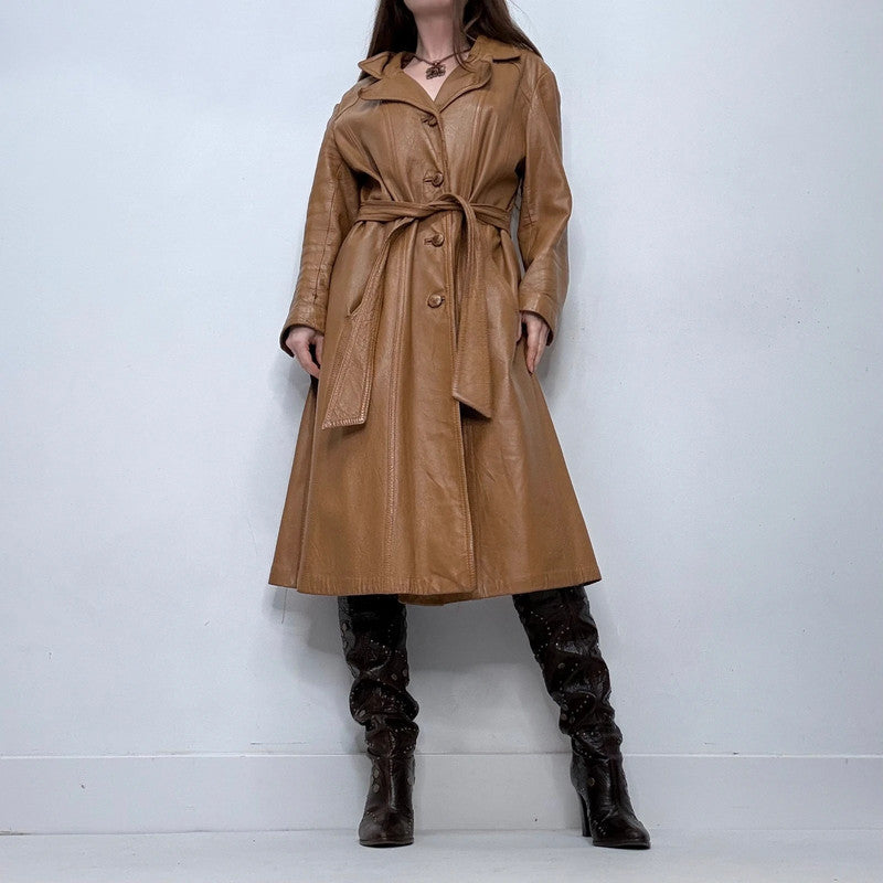 tan leather long trench coat