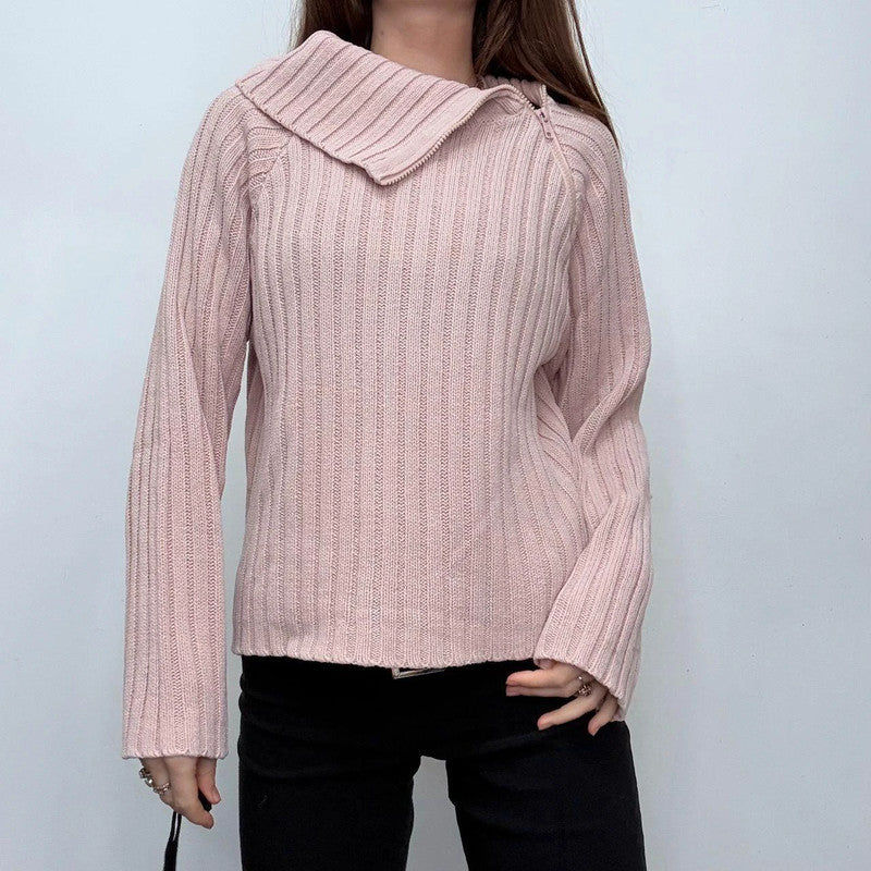pink chunky ribbed asymmetric jumper
