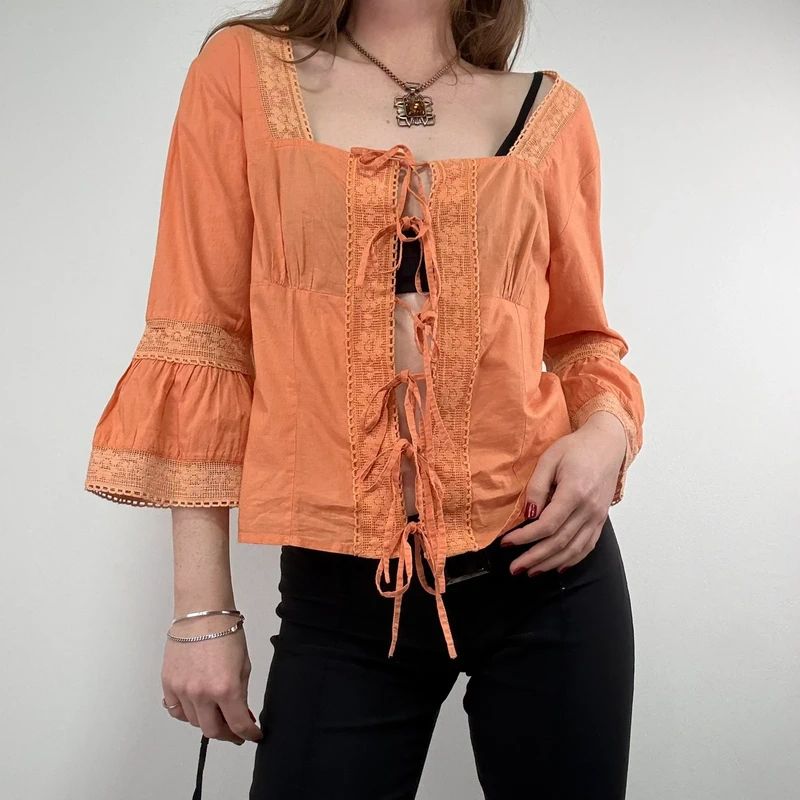 flared orange lace cotton blouse
