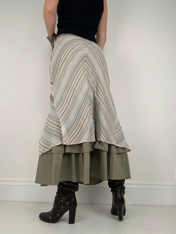 khaki layered pleated ruffle cotton maxi skirt