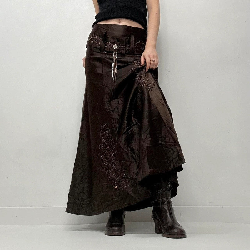 brown flared satin maxi skirt