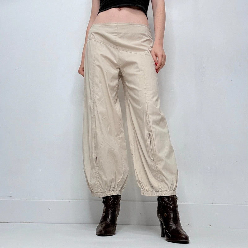puff pleated barrel leg low rise trousers
