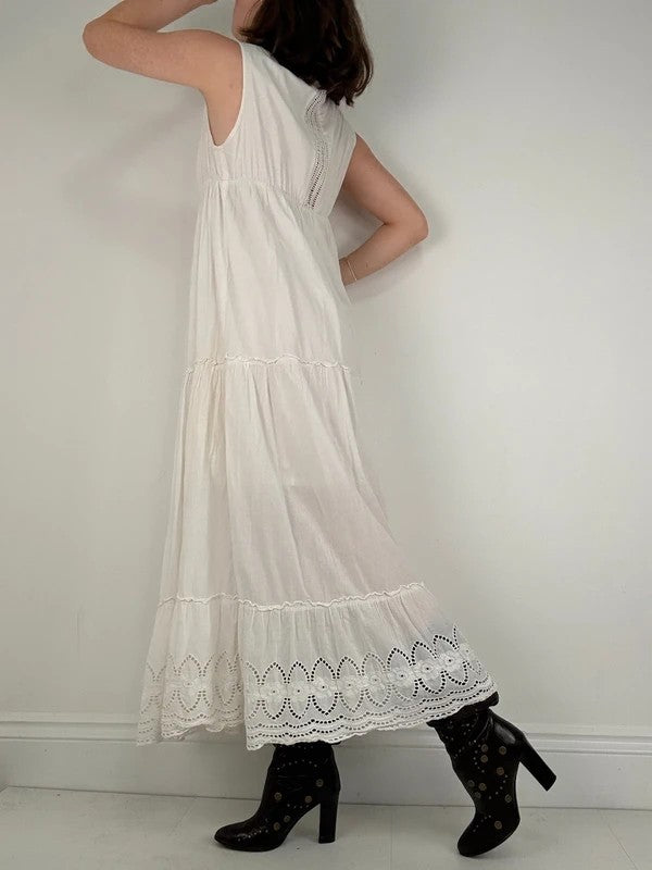 white cotton lace pleated tiered maxi dress