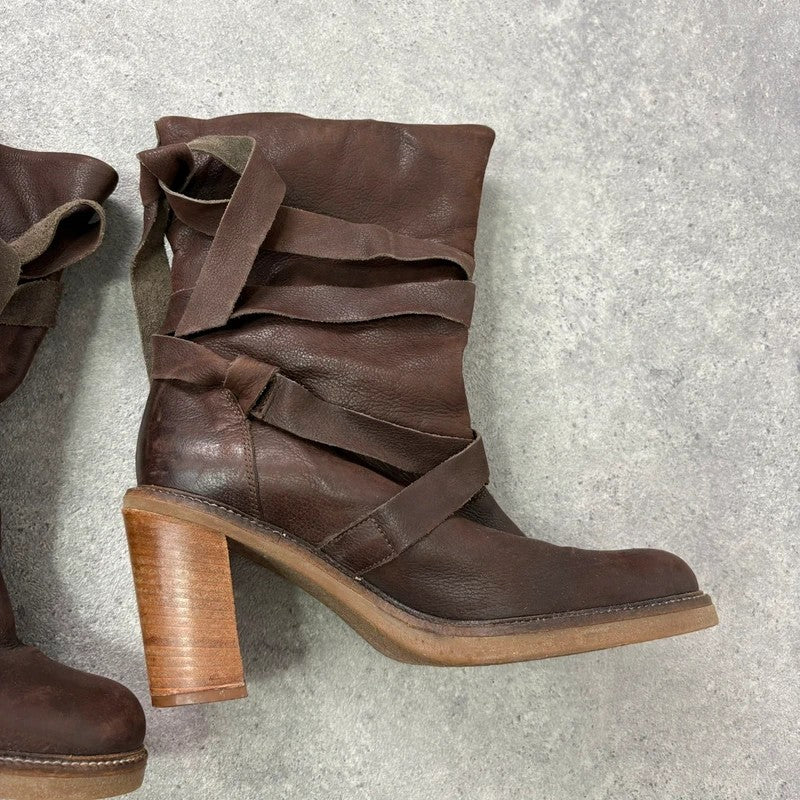 Chunky brown leather wrap around boots