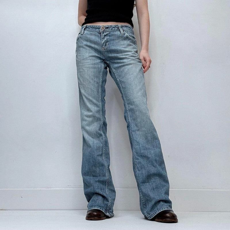 distressed flared leg low rise jeans