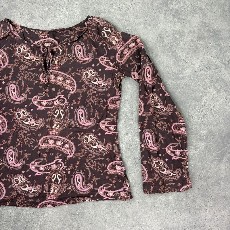 brown and pink paisley flared cotton boho shirt