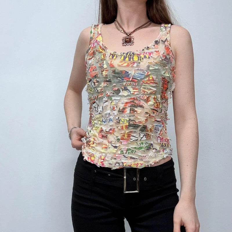 distressed sheer graphic vest