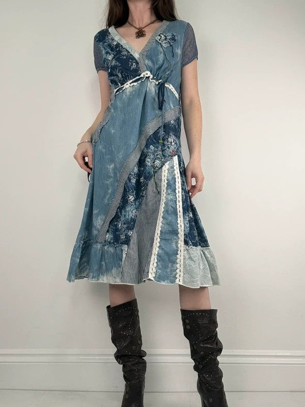 Floral lace blue flared patchwork midi dress