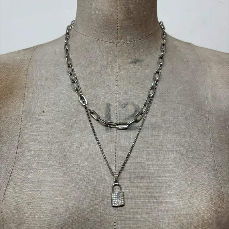 Layered silver padlock necklace